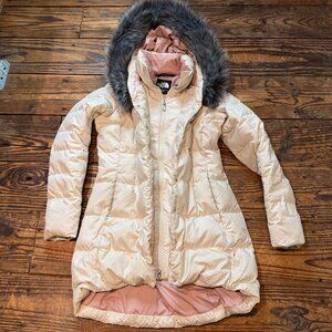 North Face Hey Mama Parkina Down Puffer Jacket Cream Faux Fur Hood Womens XS 550